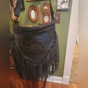 Bohemian black leather fringe purse